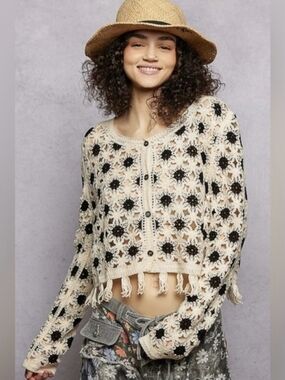 Pol Crochet Open Knit CroppedFringe Cream and Black Button-Front Sweater NEW